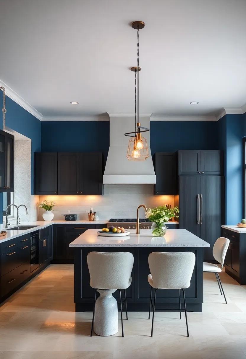 Statement Lighting: Install statement light​ fixtures against⁣ blue walls⁤ and coordinate ​them with dark and white⁣ cabinetry ⁢for a sophisticated focal point