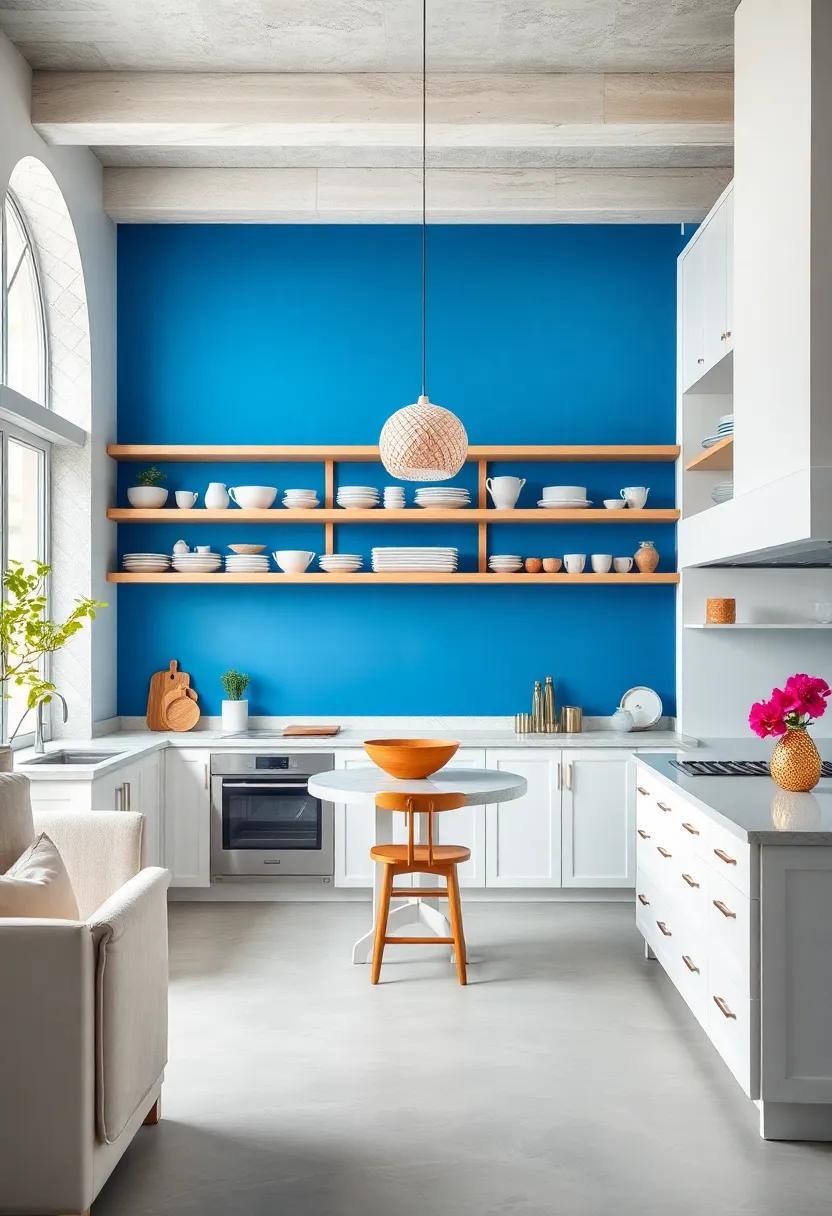 Open ​Concept Oasis: Consider open shelving‍ in white​ above brilliant ​blue walls, allowing for a functional yet stunning display of dishware