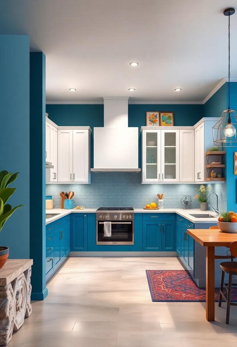 Artistic Accents: Transform your kitchen ⁢with a feature wall ⁤in teal and white cabinets, accented ⁣by colorful art pieces that pop against the blue backdrop