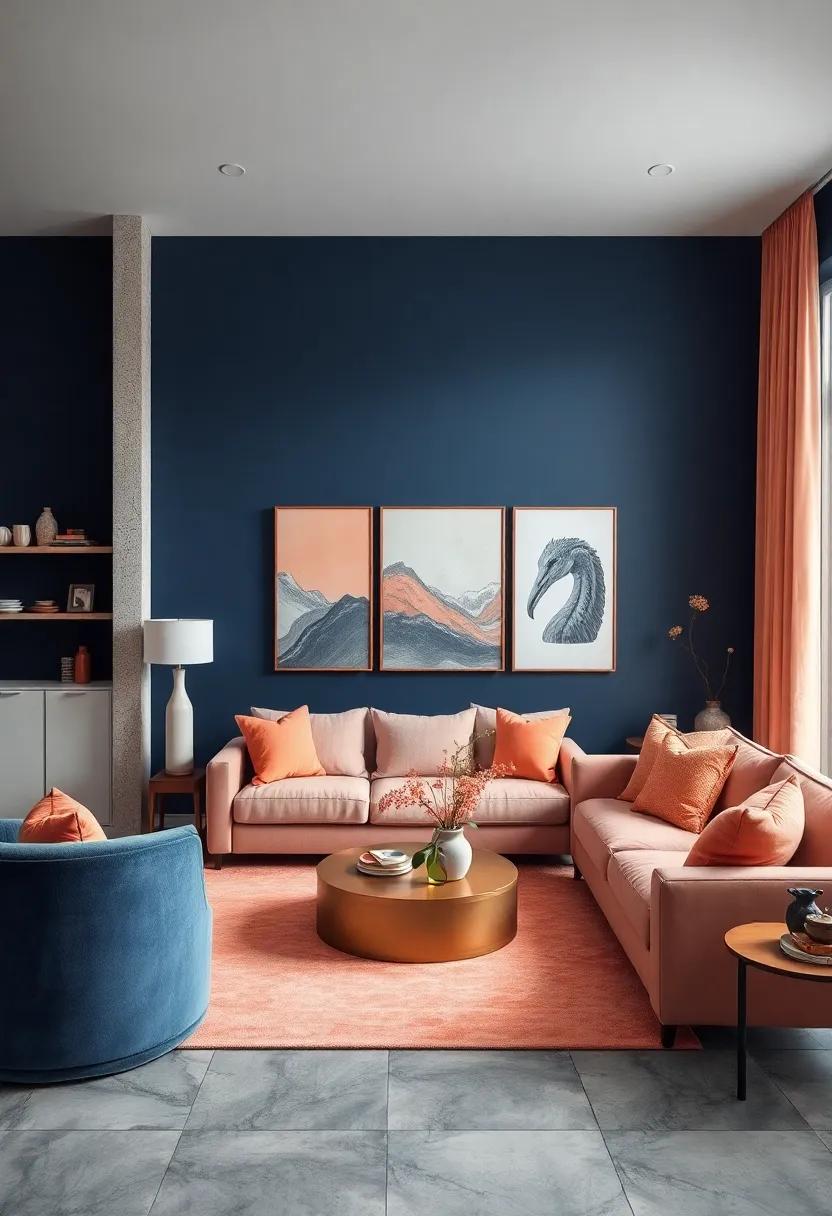 Embrace the Contrast: Use navy blue walls as⁣ a striking backdrop and soft peach accents for a⁤ warm and inviting atmosphere
