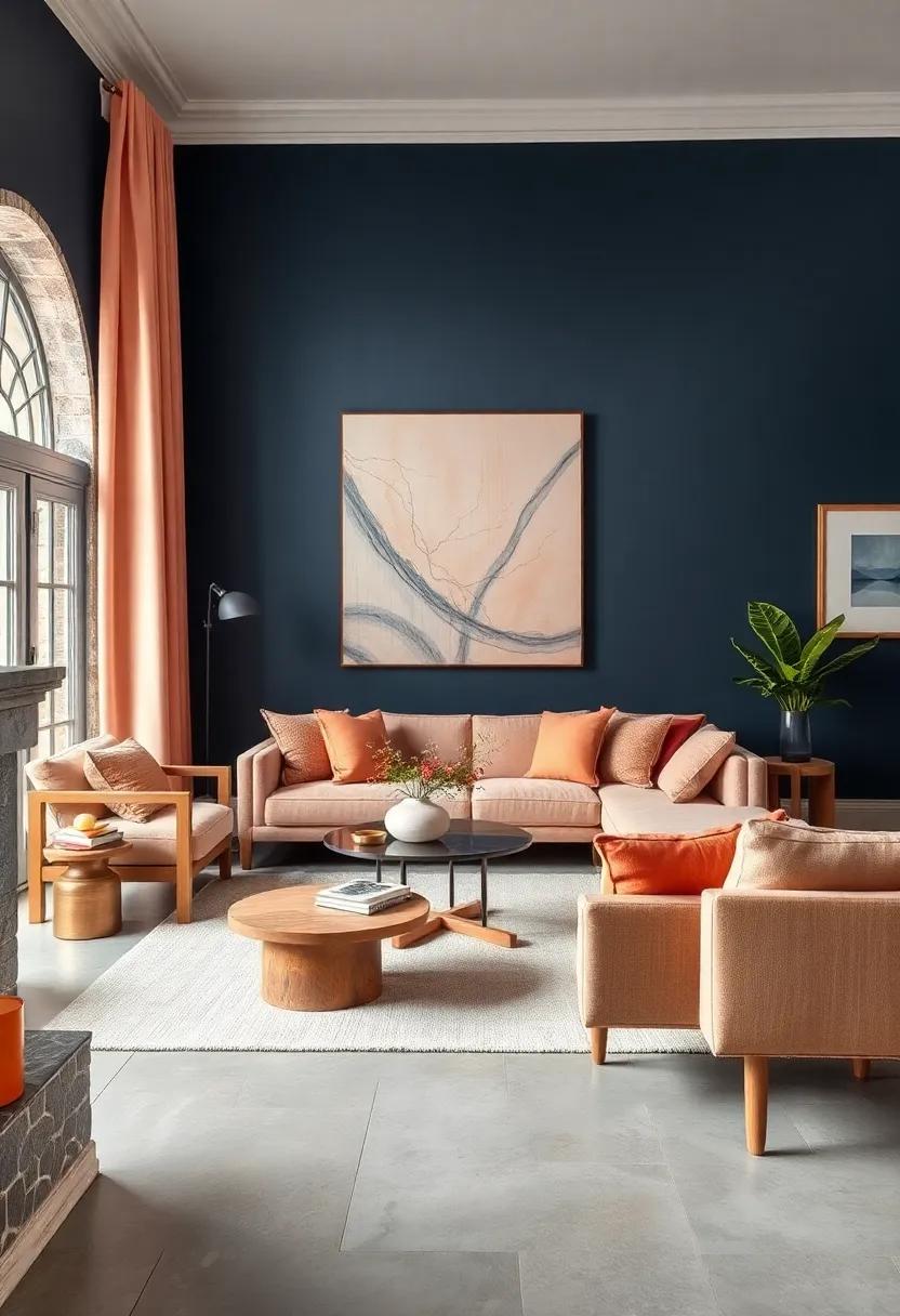 Add Natural Elements: Use wooden furniture with a distressed finish‌ to ⁤balance the bold navy‌ and soft peach hues, introducing warmth into the space