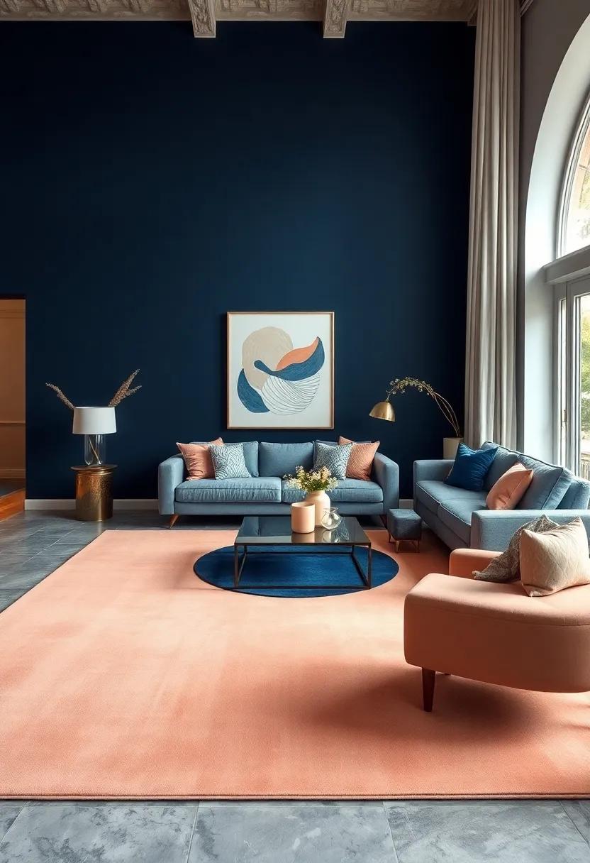 Layered Rugs: Use a large soft​ peach‍ rug with a smaller‍ navy one on top for added depth and contrasting textures