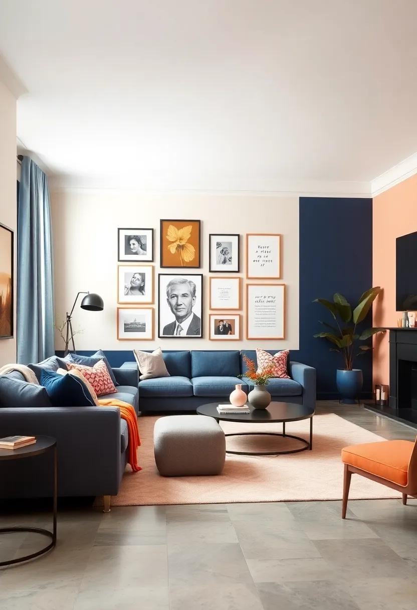 Curate a Gallery Wall: Frame a mix ​of navy and peach prints, family photos, ‍and inspirational quotes to personalize ‍your living room