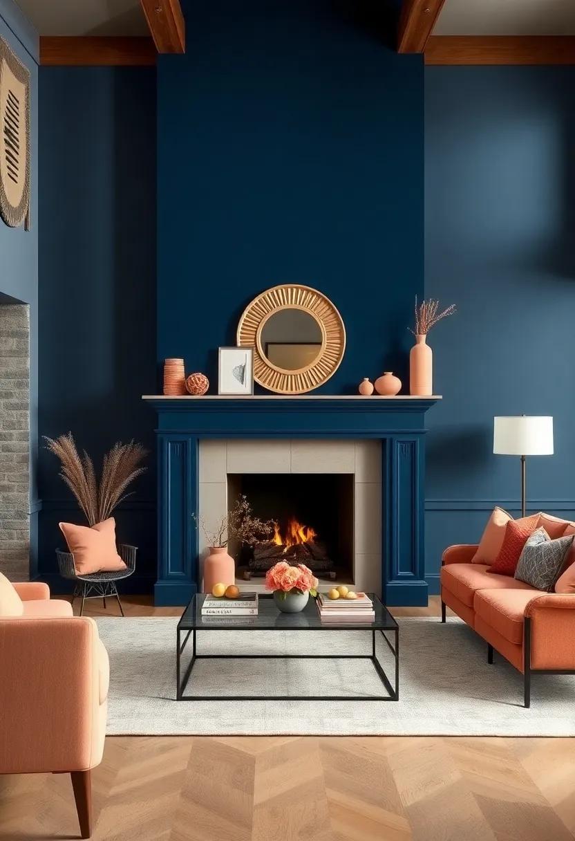 Transform the Fireplace:‍ Paint the fireplace mantel navy blue and decorate with peach accessories for a striking focal point