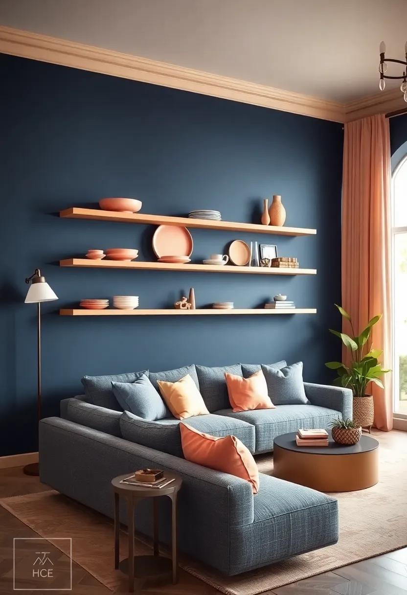 Opt⁢ for Statement Furniture: Choose a navy blue sofa with bold lines to anchor the room while adding soft peach patterned throw pillows for vibrancy