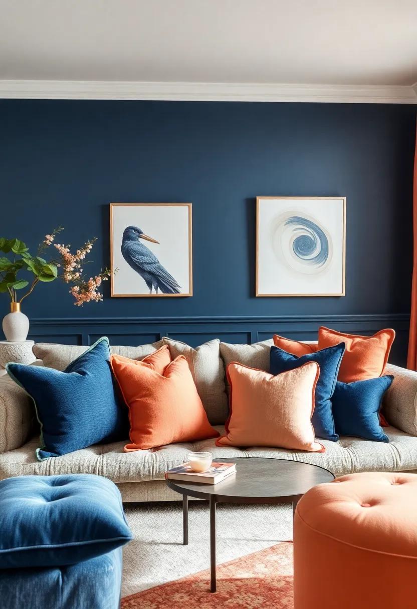 Statement Pillows:⁣ Mix ​various sizes and​ textures of navy and peach throw pillows on ⁤your sofa to provide comfort and style