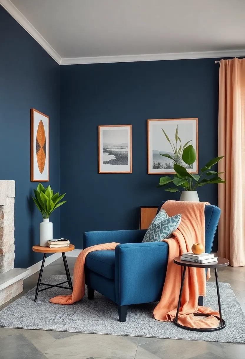 Cozy Corner: Create a reading nook with a plush navy armchair draped with ⁣a‍ soft peach blanket‍ and a small side⁣ table for your favorite books