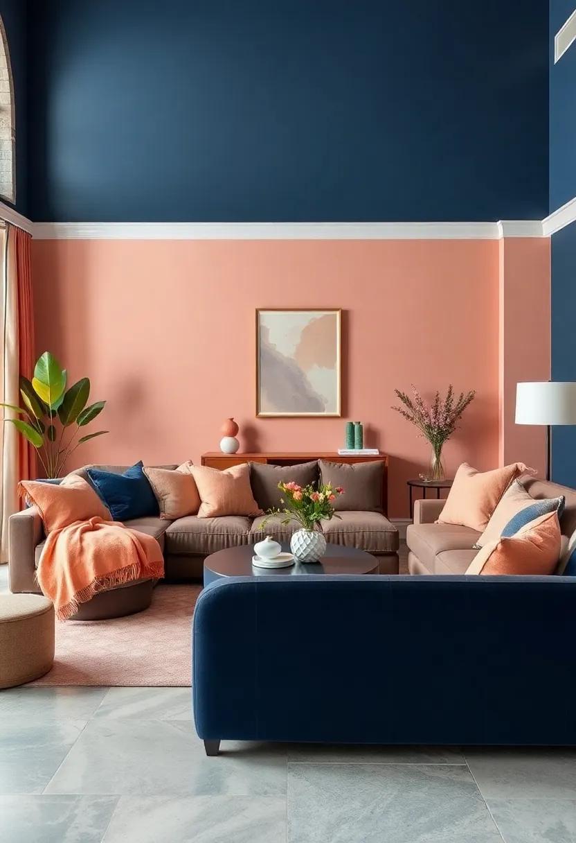 Balance with Neutrals: Use white or light beige furnishings alongside navy and peach accents to‌ keep the space feeling airy and open