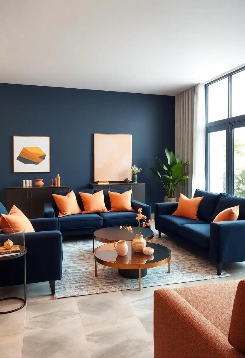 Modern Minimalism: Embrace a minimal design with sleek navy furniture and only one or two strategically placed peach accessories for an elegant look