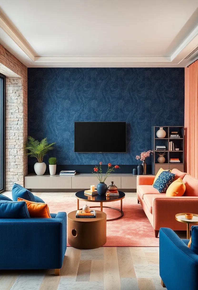 Create an Accent⁣ Wall: Use textured wallpaper in navy blue behind the ‌television or a bookshelf to add depth and‌ visual interest