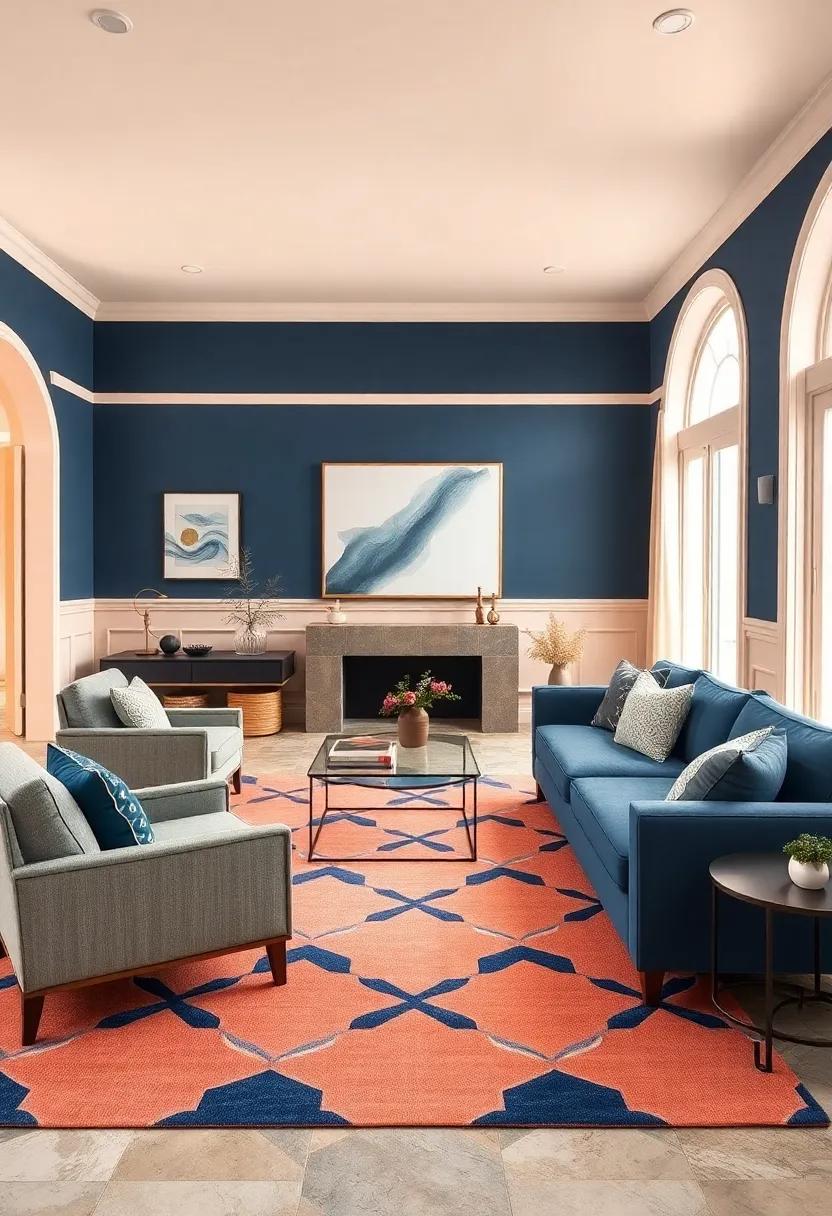 Play with patterns: Incorporate a geometric navy and peach area⁣ rug to define the‌ sitting area⁣ and add a playful touch to the floor