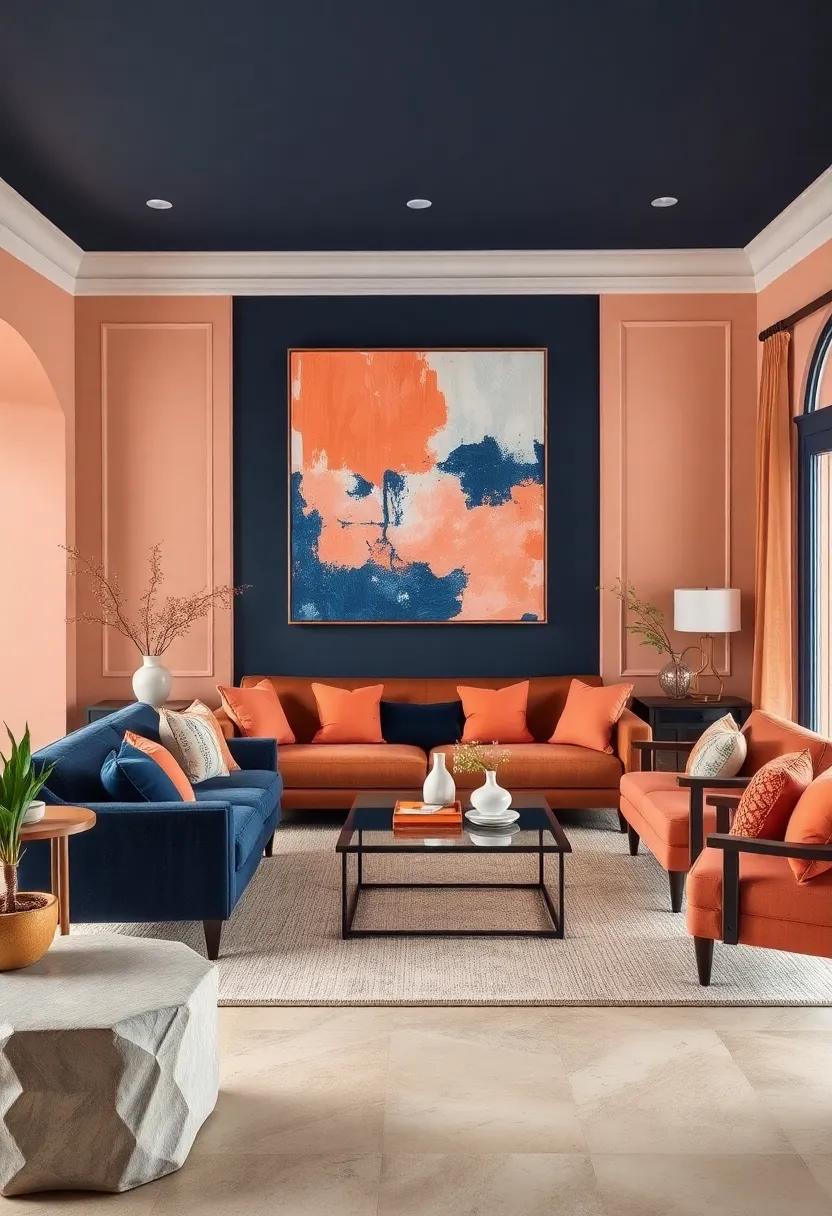 Artwork that Pops: Hang a ⁢large abstract painting that features both navy and peach tones to tie the room together and spark ​conversation