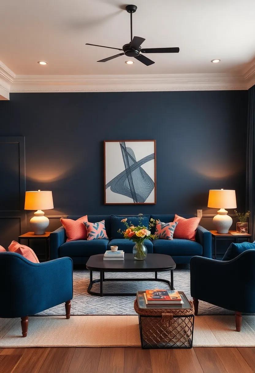 Soft Lighting: Choose navy blue lamps with peach shades to ⁤create a warm glow and enhance the ⁤room’s color palette during⁣ the evening