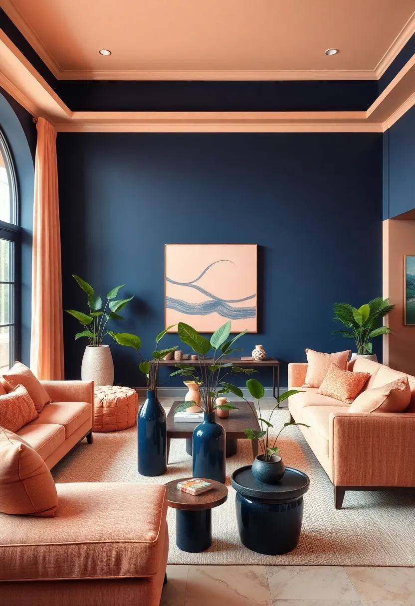 Incorporate Greenery: Add plants in navy blue vases for a fresh burst of life, complementing the soft peach tones effortlessly