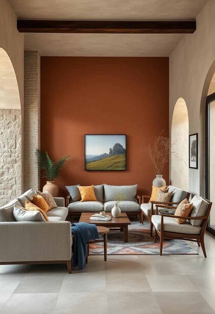 Rustic Accent Wall: Transform one wall with​ a deep clay hue⁢ to ​add depth and warmth, complementing it with rustic wooden ⁤furniture for an inviting atmosphere