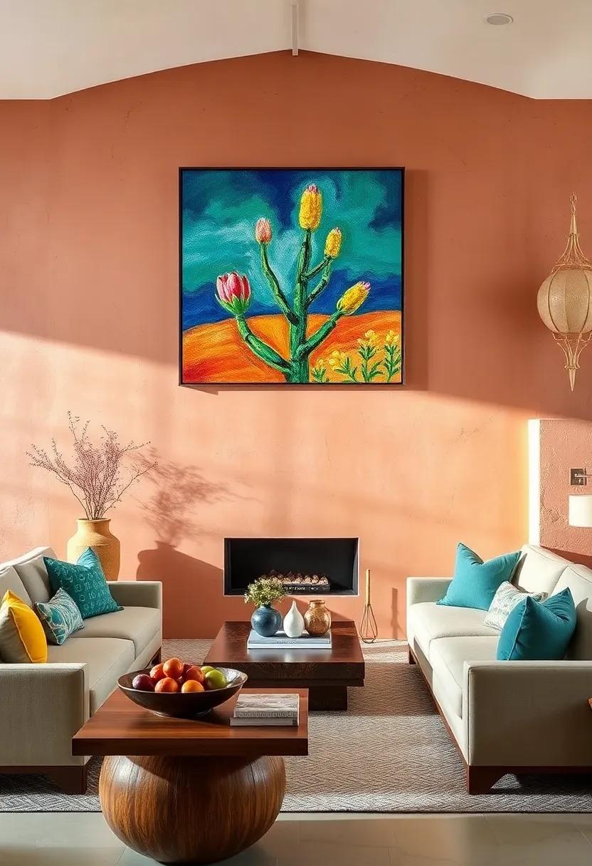 Vibrant Artwork: Bright clay walls ‌serve as ‌a striking canvas for colorful Mediterranean-inspired artwork, drawing the eye and providing an artistic‌ focal point