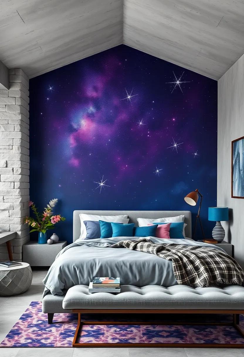 Celestial Bliss:⁢ Explore deep blues and purples adorned with starry patterns and shimmering ‌accents, ‌making ‌your bedroom feel like a peaceful night⁢ sky