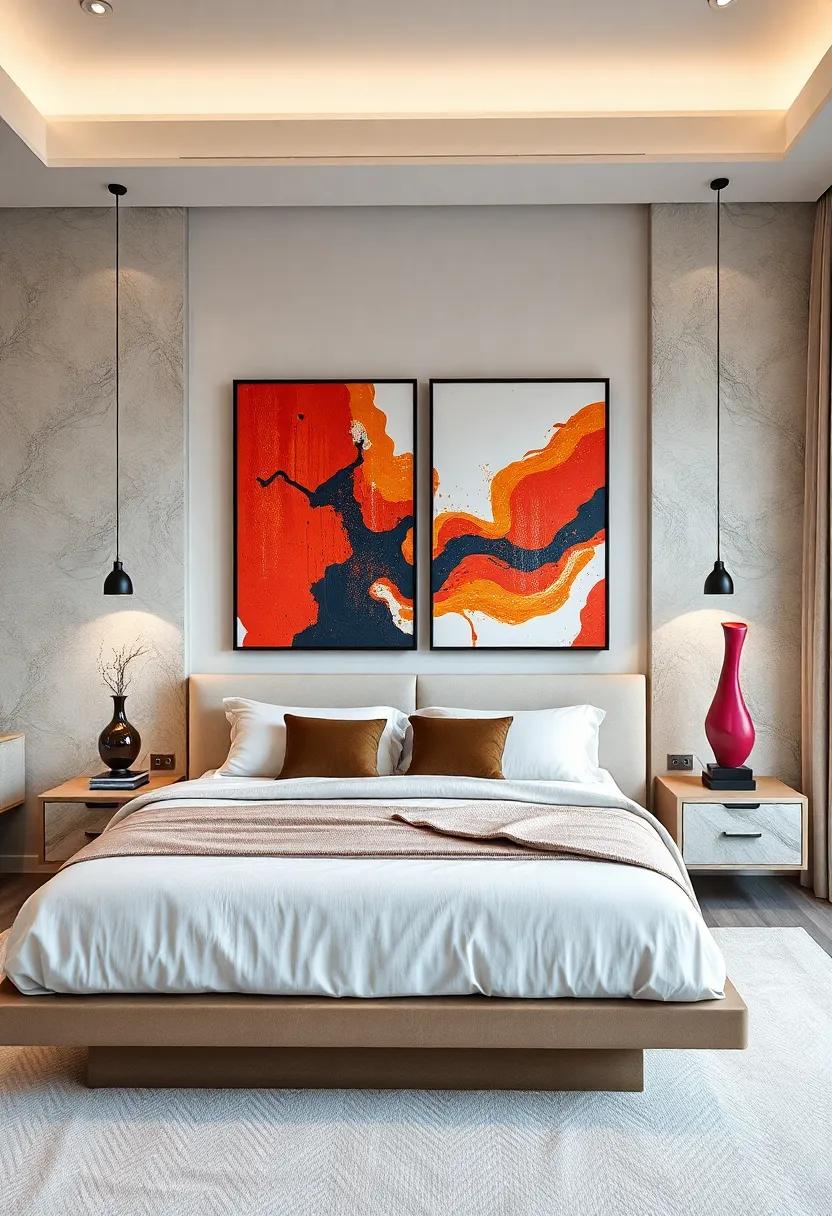 Artistic Expression: Indulge in a bedroom ​that highlights​ the beauty ‍of art, where bold floating nightstands serve as the canvas for vivid sculptures ​and ‍striking ⁢decor elements