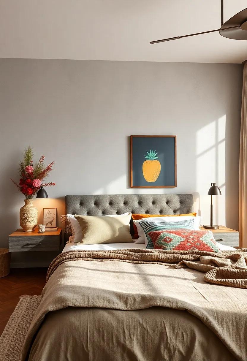 Artistic Boho: Explore a creative bohemian bedroom where textured floating nightstands​ are layered‍ with artful arrangements and colorful ⁢textiles that bring warmth to⁣ an ‍artistic space