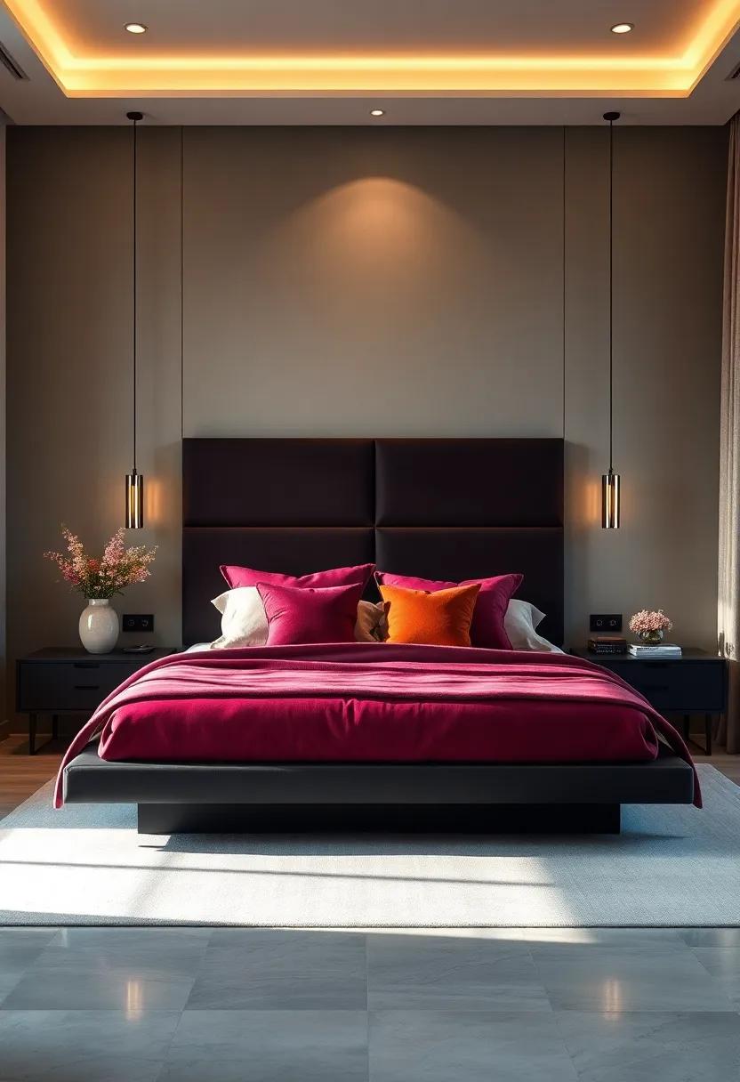 Bold Elegance: Be captivated ⁤by⁣ a striking ‍bedroom designed with dramatic colors, where ‍dark floating nightstands highlight luxurious ⁢bed linens and lavish textures that create ‌an ⁢inviting atmosphere