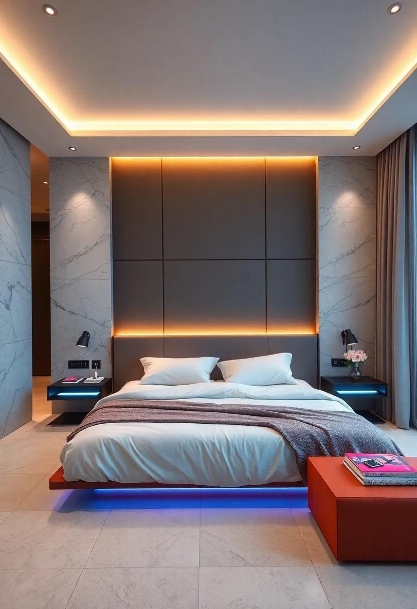 Futuristic Design: Delight in a cutting-edge bedroom that embraces sleek ⁤lines and innovative materials,⁣ where high-tech floating nightstands house ‌charging ⁣stations and LED lighting features