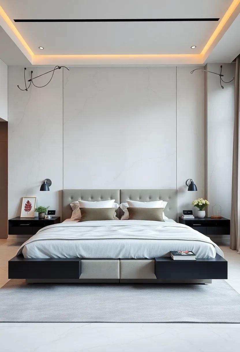 Luxurious Monochrome: ​Marvel at a ​high-end bedroom ​defined by sleek ⁣black floating nightstands that enhance the room's sophisticated⁣ palette of whites and greys, punctuated ⁣by ⁣metallic‌ décor elements