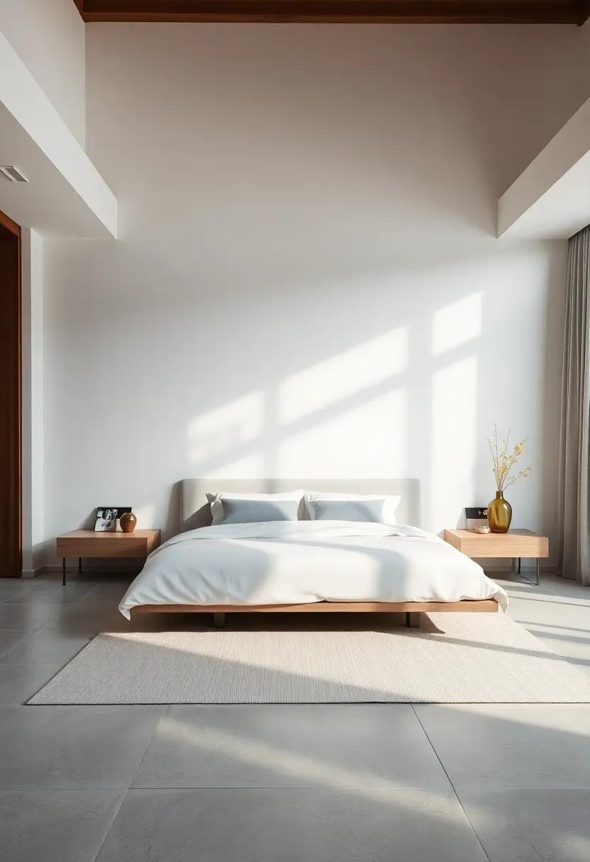 A Minimalist Haven:⁣ Experience serenity in⁢ a bedroom with a monochromatic color palette, where sleek floating nightstands blend effortlessly with⁣ white walls and are accentuated by soft ambient​ lighting