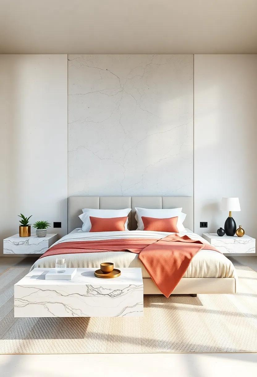 Modern Luxe: Luxuriate in a modern bedroom featuring​ striking marble floating nightstands‍ that⁢ enhance the space's opulence, paired with elegant‌ furnishings and sophisticated⁢ accents