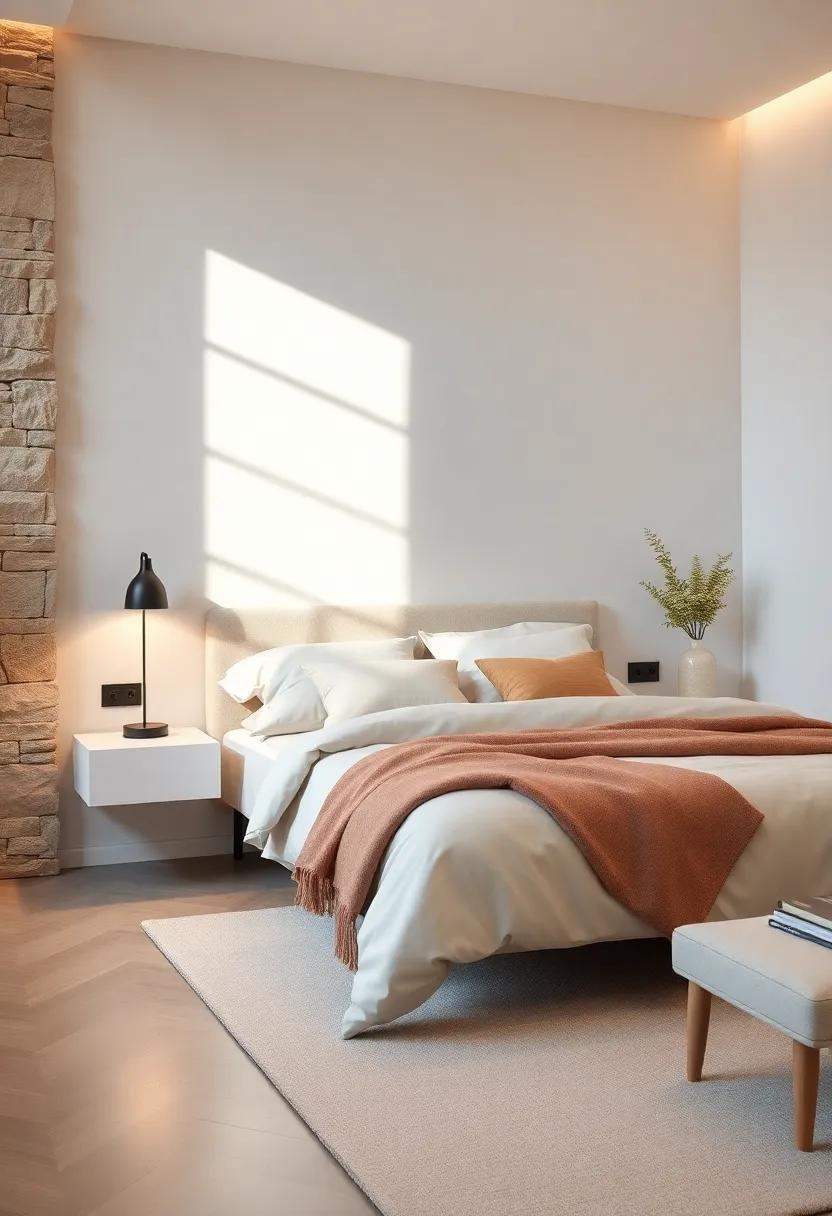 Scandinavian Simplicity: Explore a charming Scandinavian-inspired ⁢bedroom showcasing white floating ​nightstands paired with‌ light wood ⁢accents and soft, cozy‍ textiles that promote a peaceful night's sleep