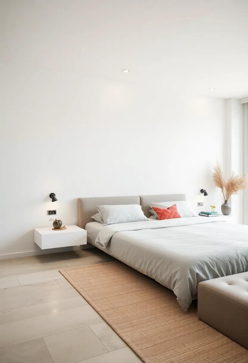 Stylish Simplicity:⁣ Appreciate the‌ beauty of simplicity with⁤ a clean-lined bedroom, ​where white floating nightstands create a ⁢sleek silhouette against​ a minimalist backdrop​ for visual clarity