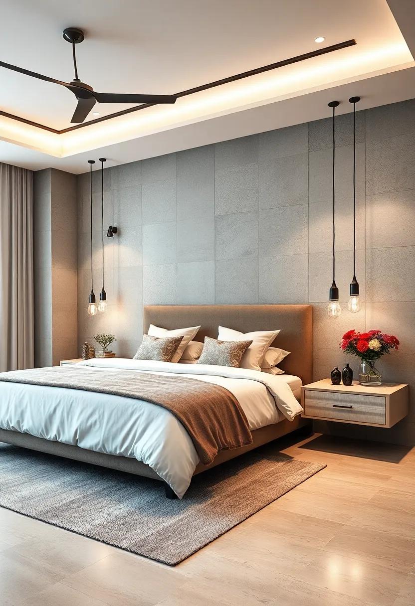 Textured Tranquility: Enjoy a defining​ textured aesthetic in a bedroom where fabric-covered floating nightstands add dimension to the ⁣overall calming design,‌ accentuated by soft lighting