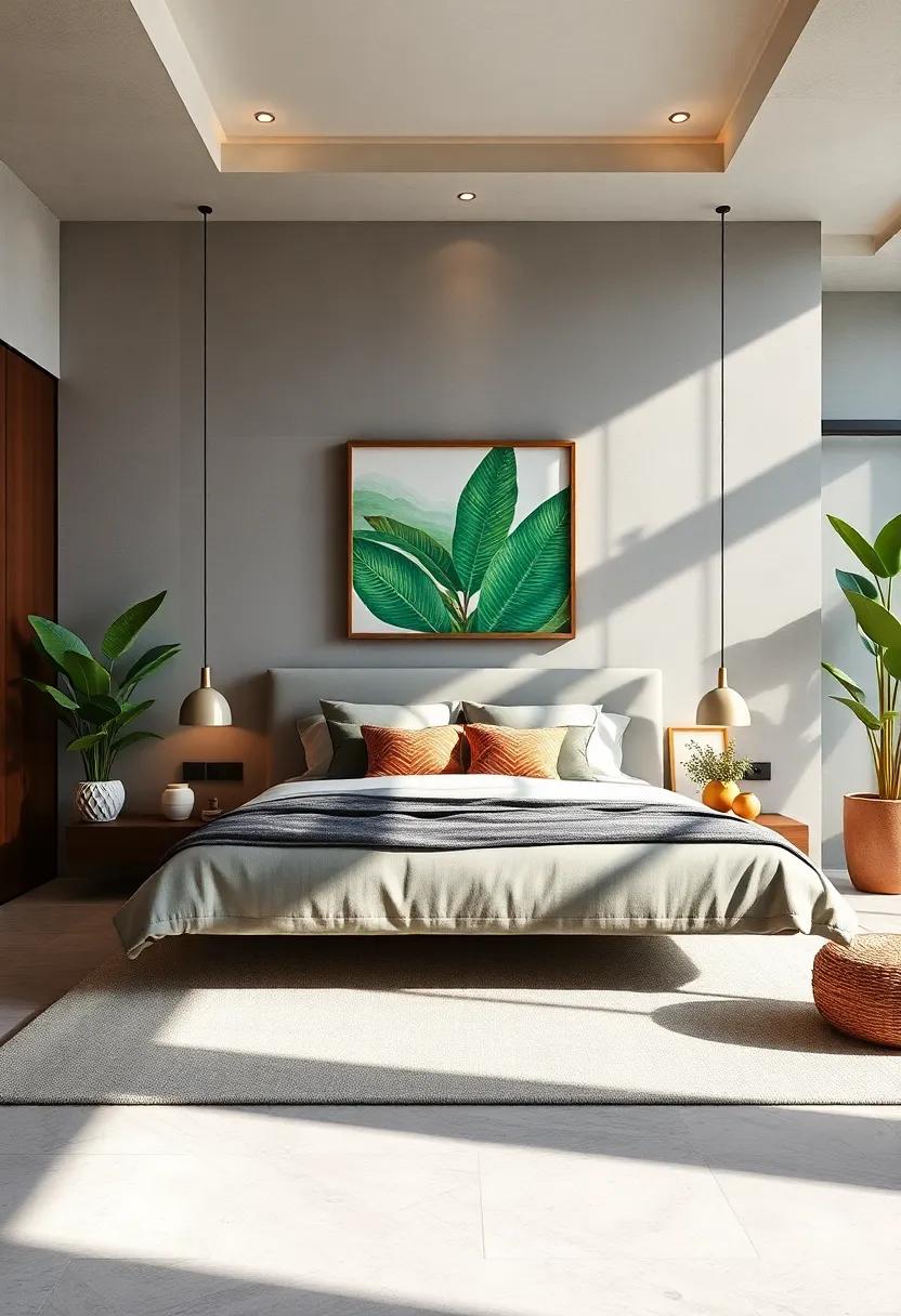 Tropical‌ oasis: Escape to a vibrant tropical-themed bedroom ‍featuring ⁤floating nightstands⁢ adorned with lush green accents and vibrant art,⁤ bringing the essence of paradise‍ right to⁣ your‍ home