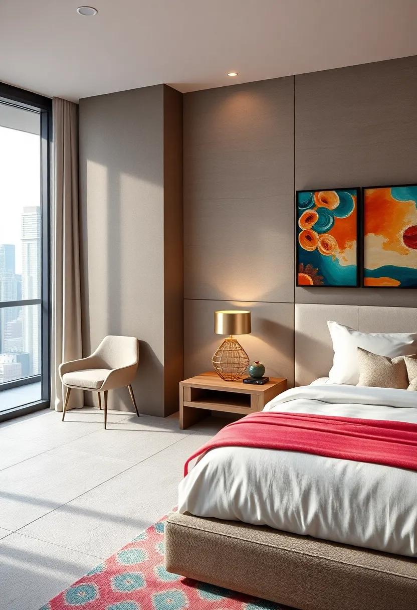 Urban Chic: Step​ into a stylish urban retreat where high-rise ⁤views are ‍matched ⁣by sophisticated geometric floating nightstands,⁣ providing ‌a sleek contrast⁣ to the room's plush textiles and vibrant​ art pieces