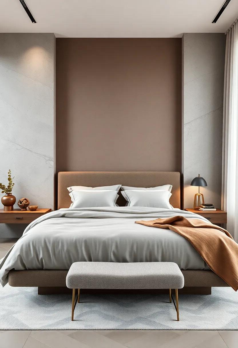 Warm Monochrome: Experience the warmth of a monochrome palette in a bedroom where textured⁤ floating nightstands create visual interest against a backdrop of soft taupes and rich browns