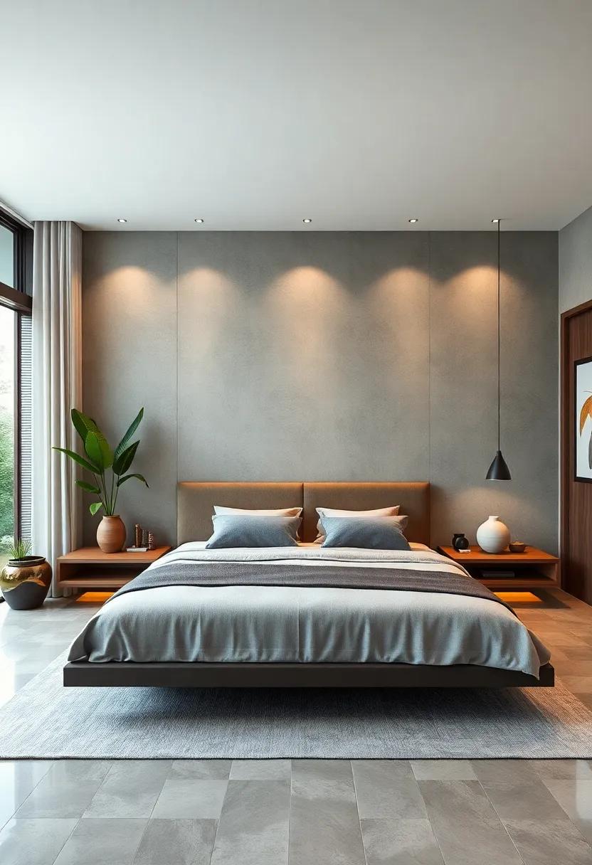 Zen⁤ Retreat: Discover a tranquil Asian-inspired bedroom, where‌ sleek wooden floating nightstands rest beside a ⁣low-profile bed, surrounded by soft greenery and ‌serene decor to promote relaxation