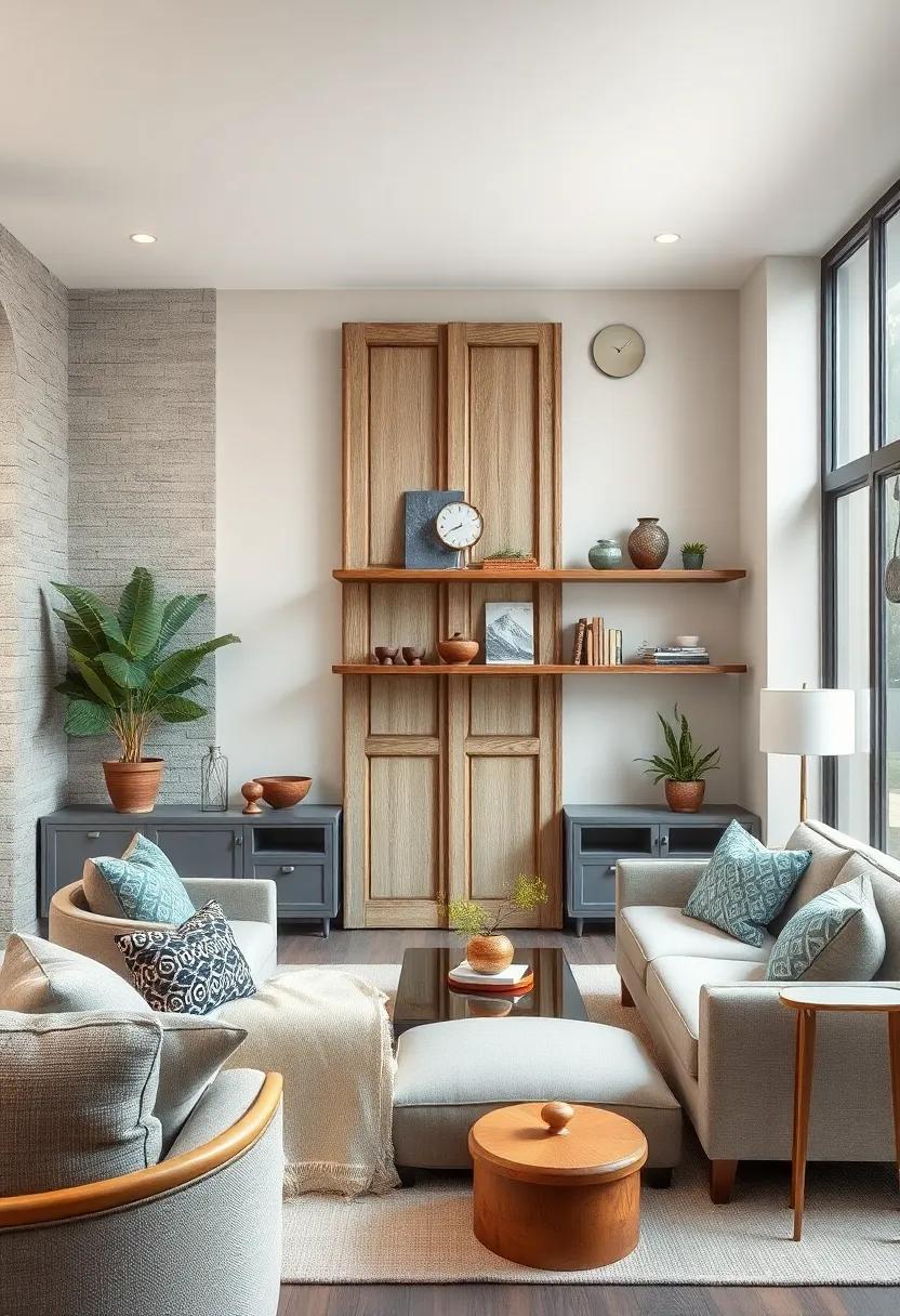 Vintage Door Shelf: Repurpose an old ⁣door ⁢into ⁢a unique shelving⁤ unit⁣ that captures history ‌and character‌ in your living room
