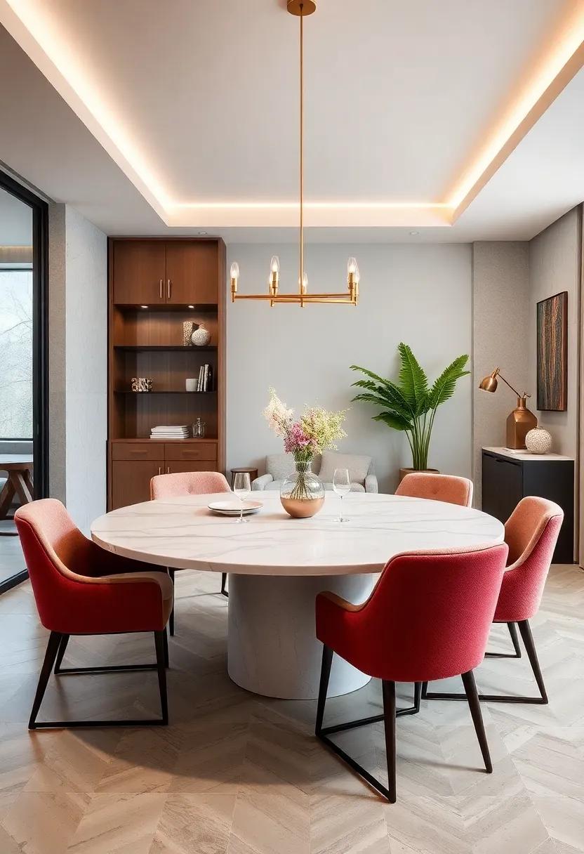 Round marble Elegance: Choose a round marble table for a touch of luxury; its smooth surface adds sophistication and encourages intimate conversations