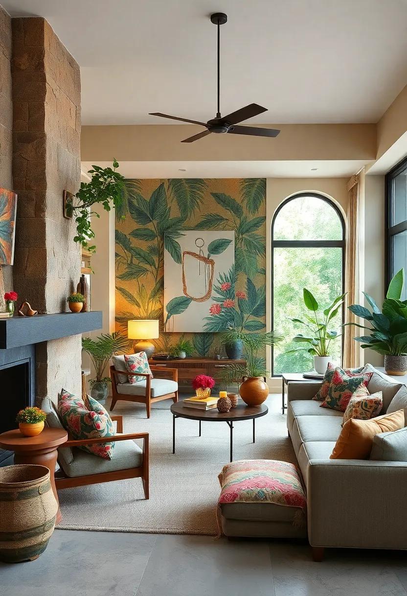 Enchanted Forest Retreat: Experience earthy greens and deep browns complemented by colorful botanical prints and natural textures that bring the tranquility⁤ of nature indoors