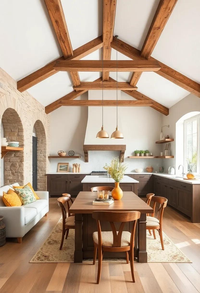 Rustic Beams: Expose wooden beams for a rustic touch that celebrates craftsmanship and enhances the open, airy feel of your ⁣kitchen