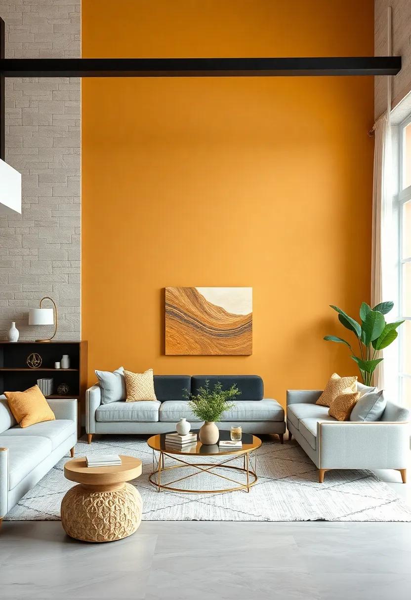 Embrace a golden ‍ochre feature wall to create a warm and⁢ inviting‍ focal point ⁢in your living room, ⁢pairing it with light gray furniture for a modern touch