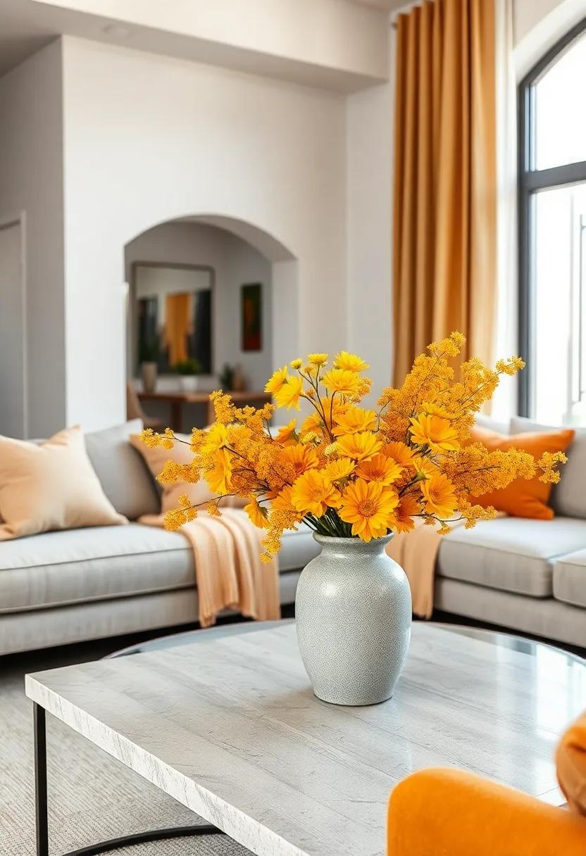 Arrange a golden ochre bouquet in a light gray vase on your coffee table, bringing vibrancy and‍ life into the heart of your home
