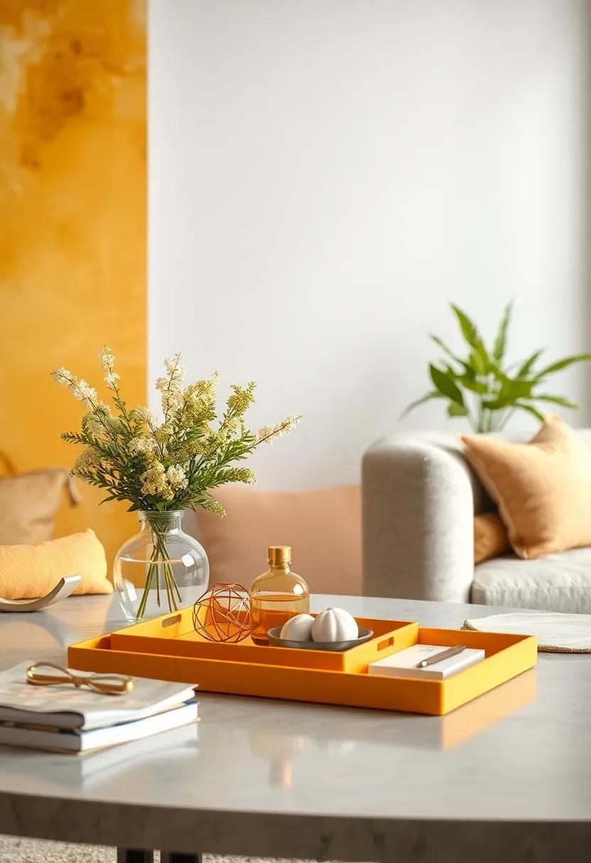 Use golden ochre decorative⁤ trays to organize light gray office ⁣supplies, combining ‍practicality with stylish decor in‍ your workspace