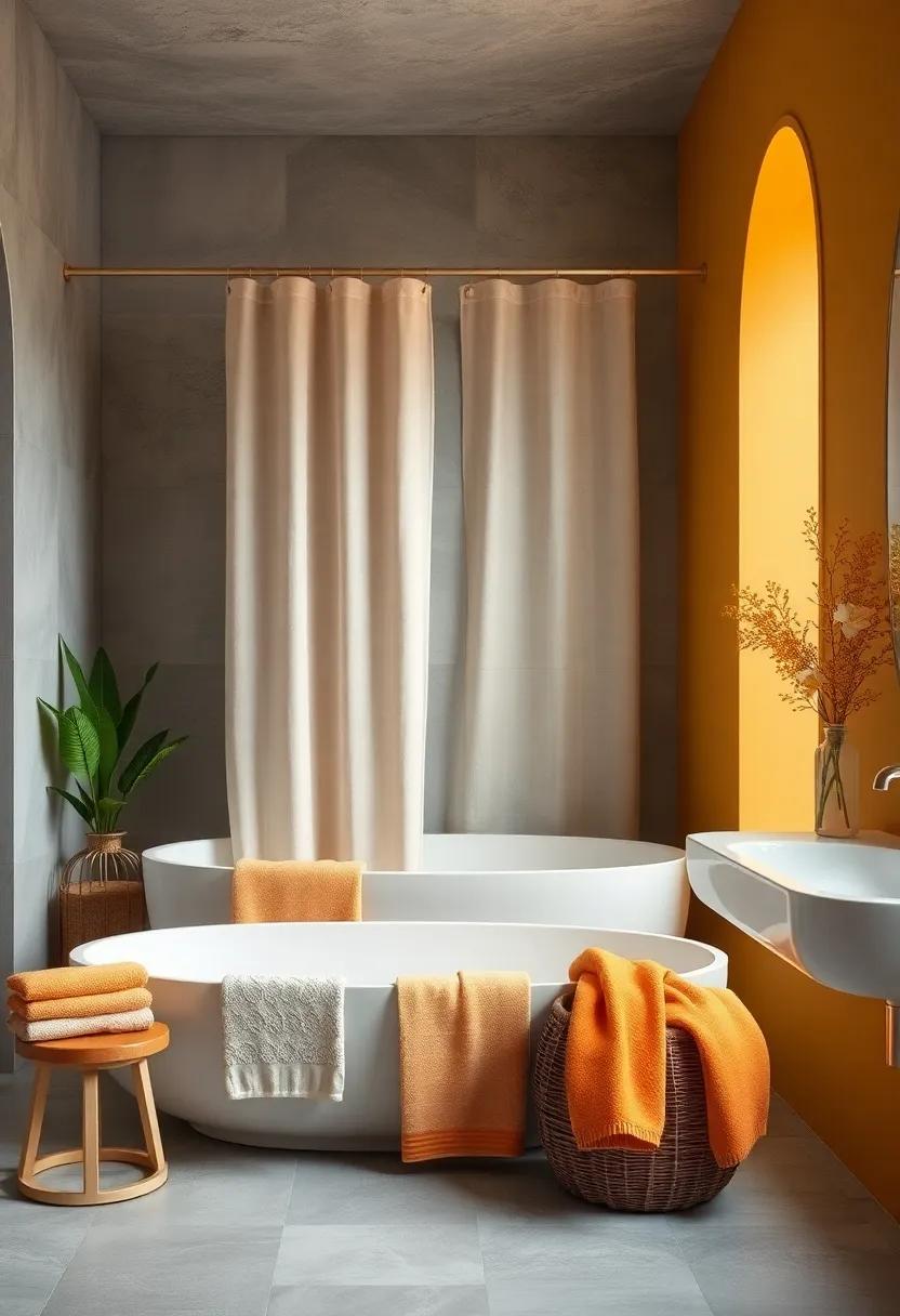 Elevate‌ your bathroom decor with golden ⁤ochre ​towels and⁢ a light gray shower⁤ curtain‍ for a fresh and harmonious bathing experience