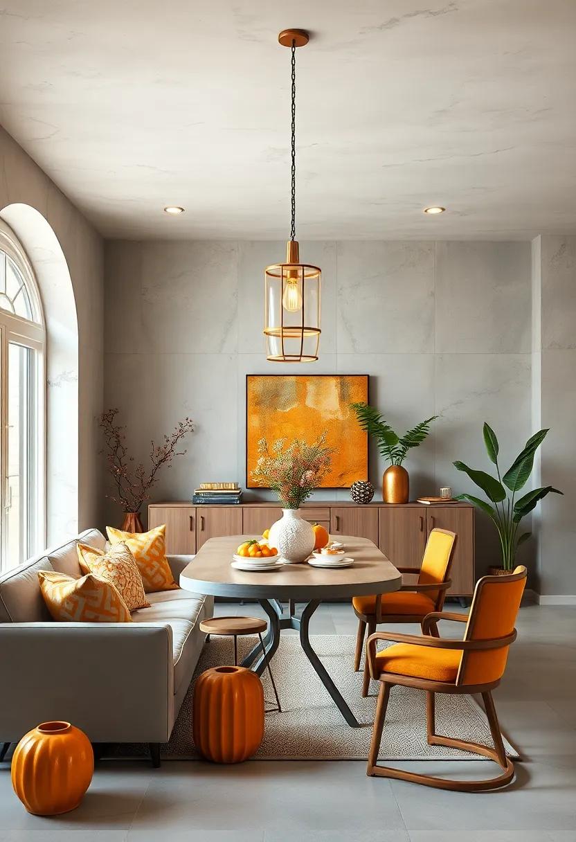 Hang⁣ golden ochre-inspired lanterns or pendant lights in a light gray⁣ dining space,‌ casting a warm‍ glow and creating an inviting atmosphere