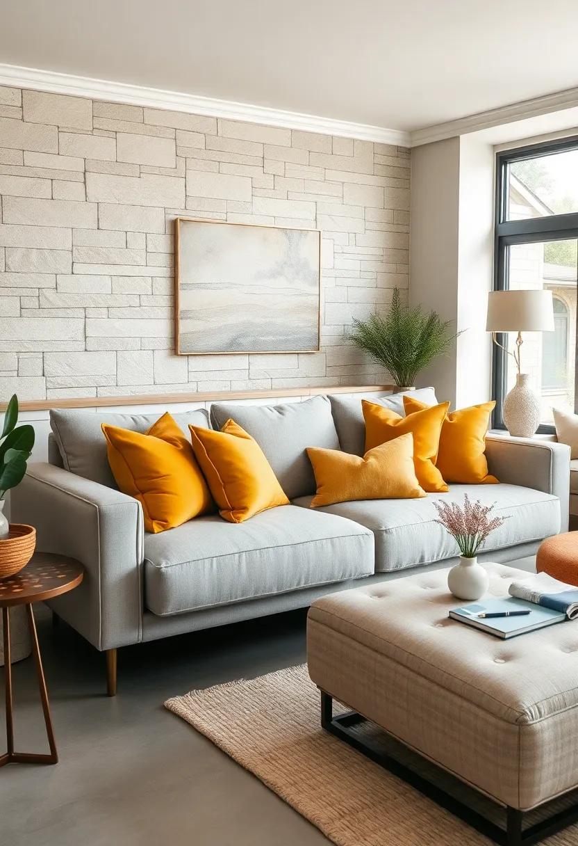 Introduce ​golden ochre throw pillows on a light gray sofa⁢ to instantly elevate your⁢ seating area, adding a pop of color without overwhelming the space