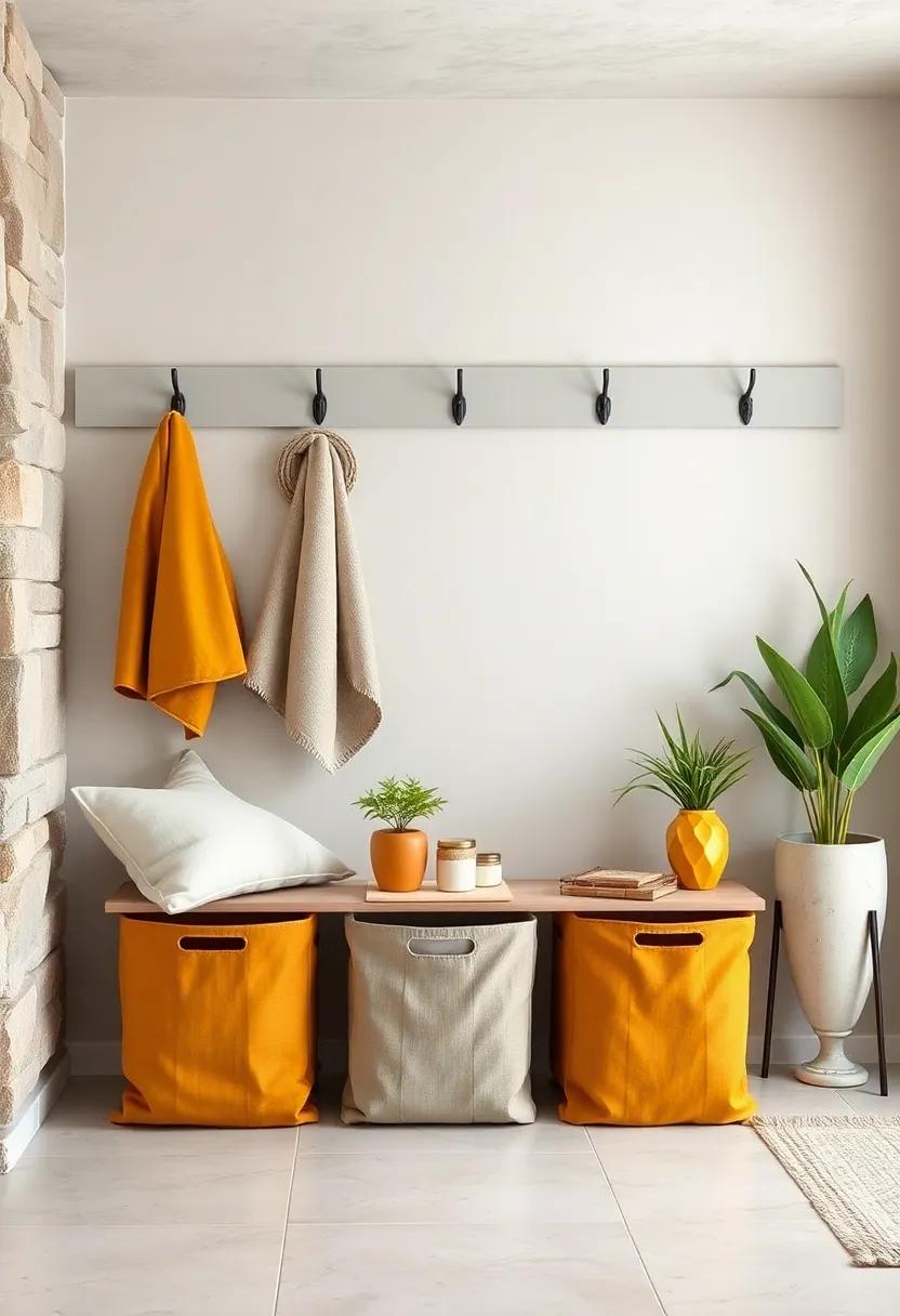 Create an inviting entryway using‌ golden ochre storage bins with light gray hooks for an organized yet stylish place to drop off belongings