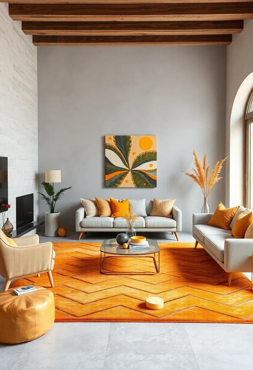 Add a golden ochre area rug to your light gray flooring, creating ⁢a​ vibrant foundation ⁢that enhances the overall aesthetic ⁢of your space