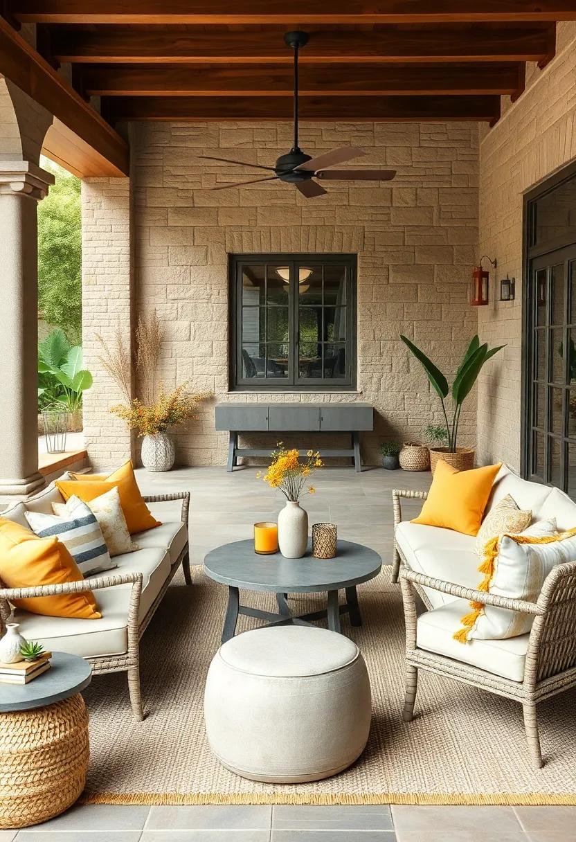 Decorate your outdoor space with golden ​ochre patio ‍cushions and light gray⁢ furniture for a ‍stylish and inviting atmosphere ‌for gatherings