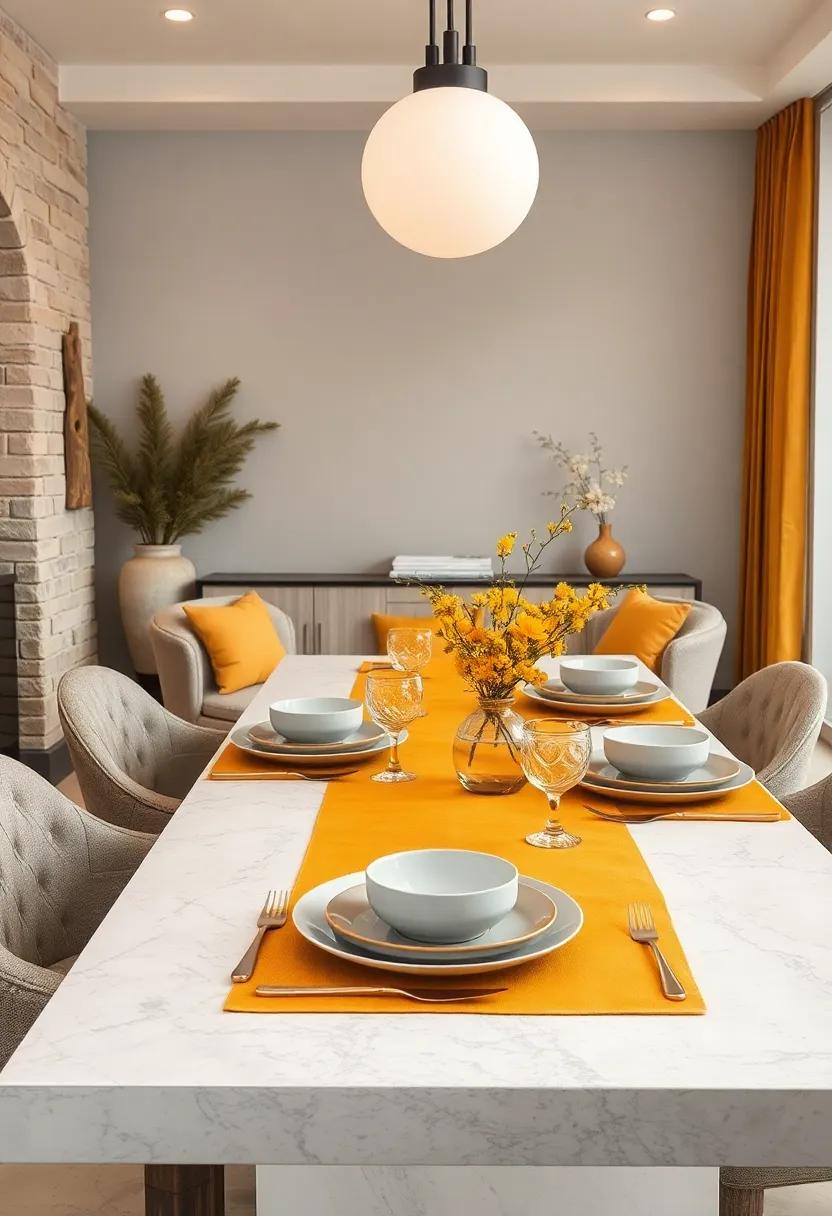 Decorate your dining table with a stunning golden ochre table runner⁤ complemented ‍by light ​gray plates and napkins​ for a chic ⁤dinner setup