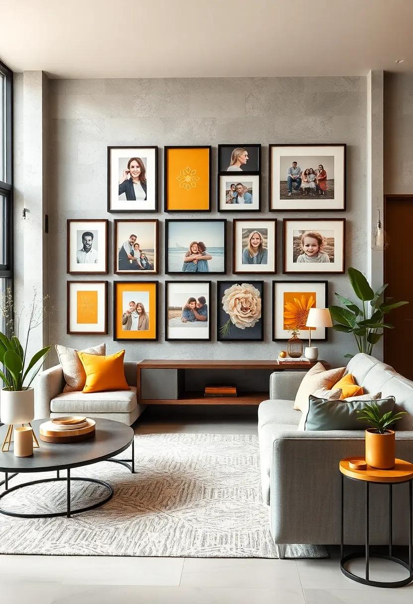Utilize light gray frames for family photos,‌ incorporating golden ochre ⁤mats to create a chic gallery wall that‍ celebrates your memories